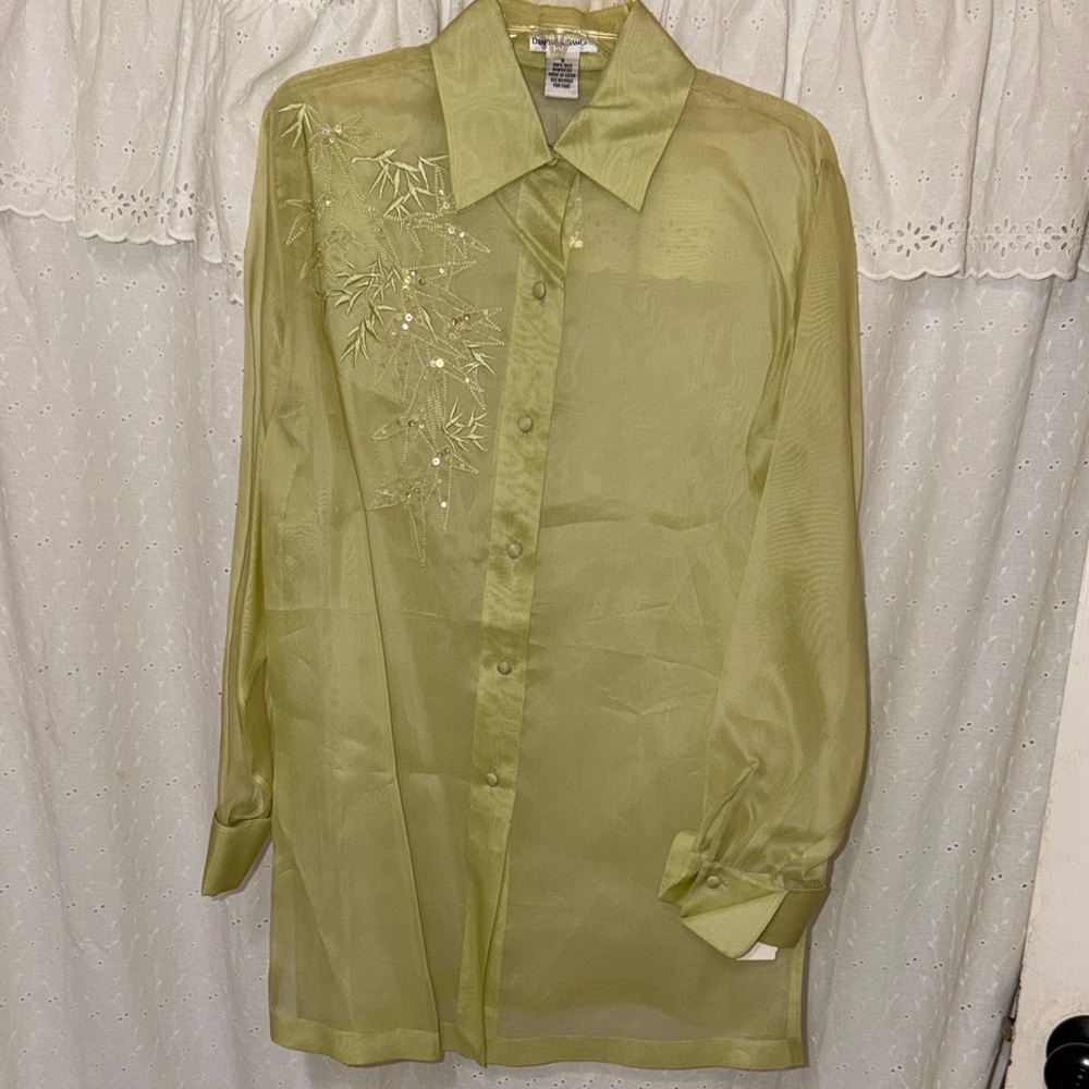 Vintage Deadstock Sheer Lime Green Silk Button Up Blouse